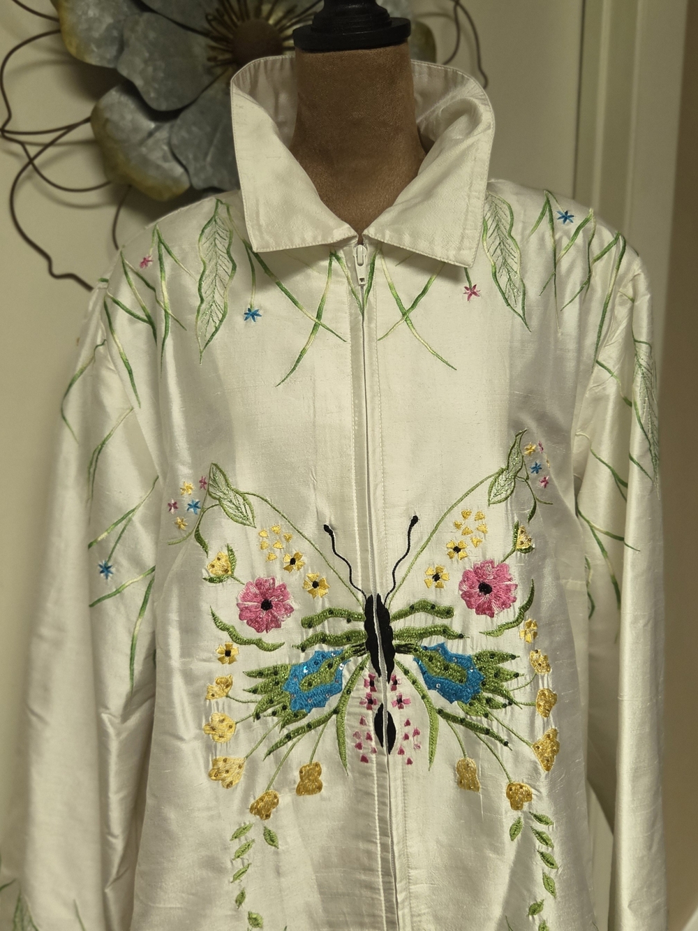 White Embroidered Butterfly Zip Jacket